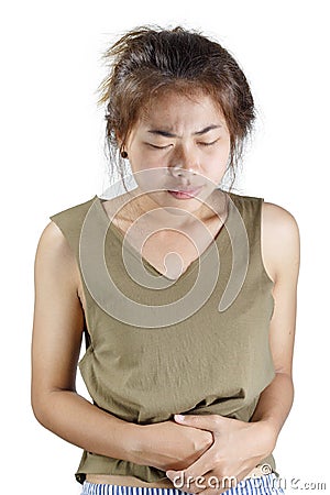 Woman having stomach ache Isolated on white Stock Photo