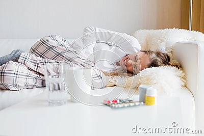 Woman having stomach cramps Stock Photo