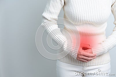 Woman having Stomach pain. Ovarian and Cervical cancer, Cervix disorder, Endometriosis, Hysterectomy, Uterine fibroids, Stock Photo