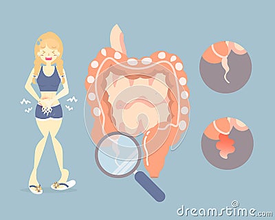 Woman having stomachache in right side of abdomen, symptoms of appendicitis with large, small intestine and appendix Vector Illustration