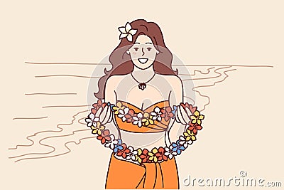 Woman from hawaiian beach holds flower lei garland and says welcome inviting tourists to islands Vector Illustration