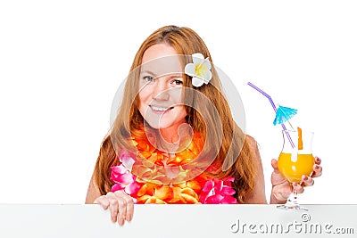 Woman in Hawaiian image with cocktail and poster in hands Stock Photo