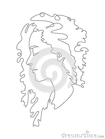 Woman Head with curly hairstyle Line Art Illustration. Female head Feminine Minimalist Logo, line drawing with abstract expressive Vector Illustration
