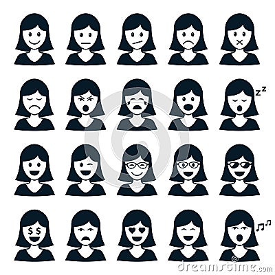 Woman head with different emotions set, vector isolated smile mood collection. Female expression sign Vector Illustration