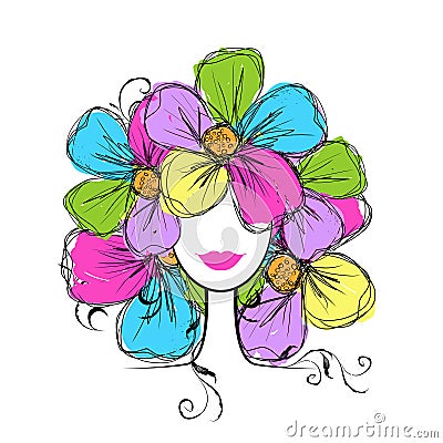 Woman head with floral hairstyle for your design Vector Illustration