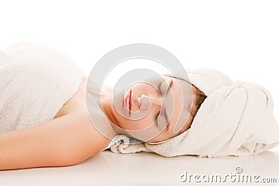 Woman with head wrapped towel Stock Photo