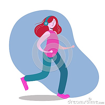 Woman in headphones running and listening music scribble Vector Illustration