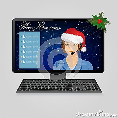 Woman with headphones in santa hat on computer monitor screen. Merry Christmas in call center, online customer live support, Vector Illustration