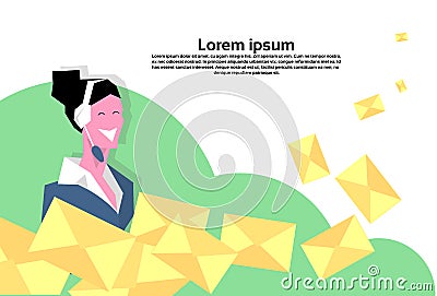 Woman headphones support operator chat envelope call center communication service concept horizontal copy space female Vector Illustration