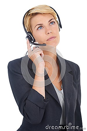 Woman, headset and call centre consultant in studio, customer service and crm by white background. Female person Stock Photo