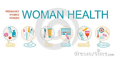 Woman health word vector infographic illustration with icons for gynecology,female treatment,baby planning,tools,pregnancy Vector Illustration