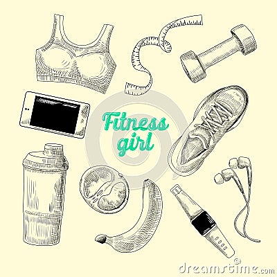 Woman Healthy Lifestyle Hand Drawn Doodle. Fitness Elements Set. Vector Illustration