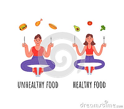 A woman with a healthy meal and a woman with a junk food. Vector Illustration