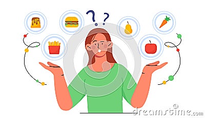 Woman with healthy and unhealthy food concept Vector Illustration