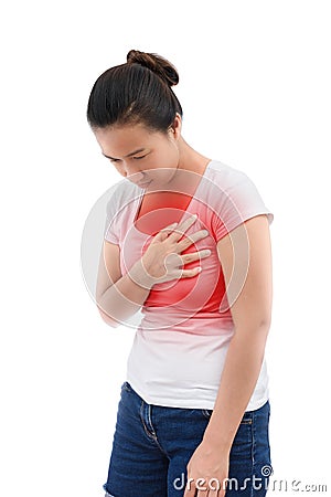 woman with heart attack, excruciating sudden pain, health problem holding touching her chest with hands Stock Photo
