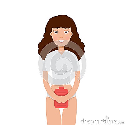 Woman is heating her stomach. Period treatment concept. Vector Illustration