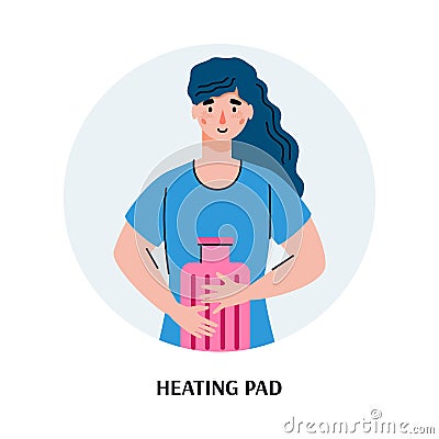 Woman heating stomach with heating pad cartoon vector illustration isolated. Vector Illustration