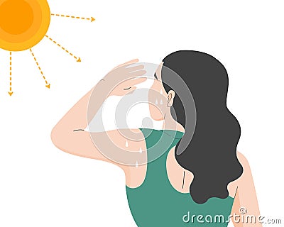 A woman with heatstroke, girl holding hand on head. Flat vector illustration. Vector Illustration