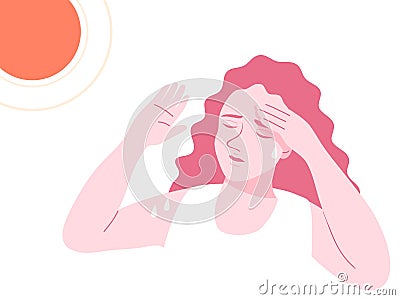 A woman with heatstroke. Having sunstroke, girl holds hand on head and sweating. flat vector illustration Vector Illustration