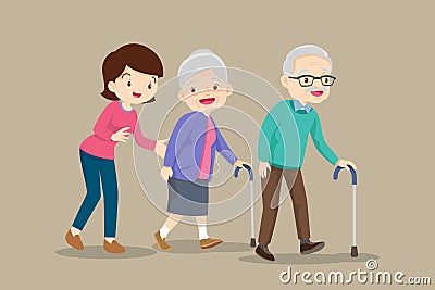 Woman help Elderly couple walking cane Vector Illustration