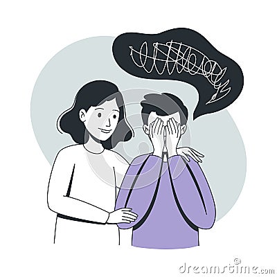 Woman Help to Young Crying Boy in Depression Covering His Face Feeling Sad Suffering from Mental Disorder Vector Vector Illustration