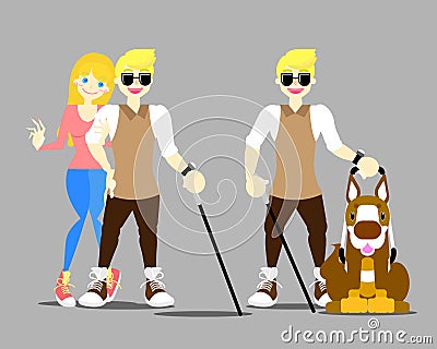Woman helping blind man walking with cane stick and guide dog Vector Illustration