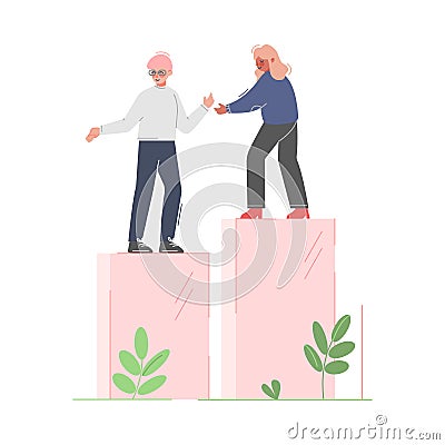 Woman Helping Male Collegue to Climb up on Column of Columns, Moving up Motivation Business Concept Cartoon Vector Vector Illustration