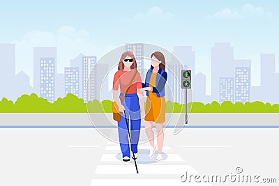 Young blind woman crosses street road with guide dog. Vector illustration. Pets assistance concept Vector Illustration