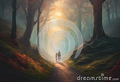 A woman and her daughter walking through the woods. Stock Photo