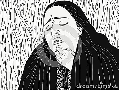 A Woman With Her Eyes Closed - A woman puts her hand on her chest and looks up cryin Vector Illustration