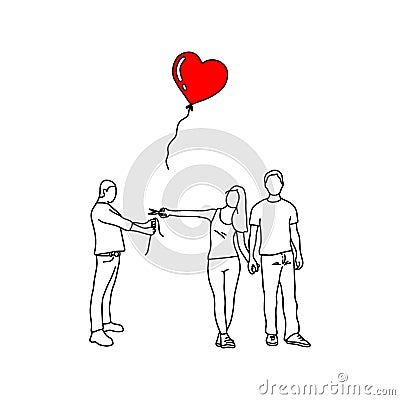 woman with her new lover cutting red heart balloon of a man vector illustration outline sketch hand drawn with black lines Vector Illustration