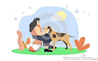 A Woman with her pet. Young Woman playing with her dog. Happy pet lover with dog, Young woman trains her dog. Woman with Vector Illustration