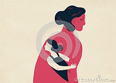 Woman and her small copy hiding under her arm and looking out. Concept of inner child, childlike aspect of human Vector Illustration