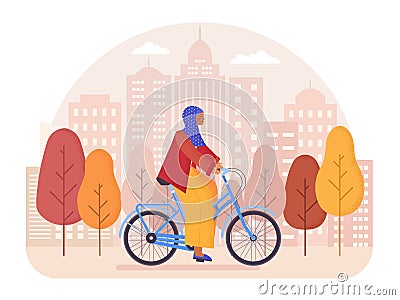 Woman in Hijab Riding Bicycle in City Park Vector Illustration