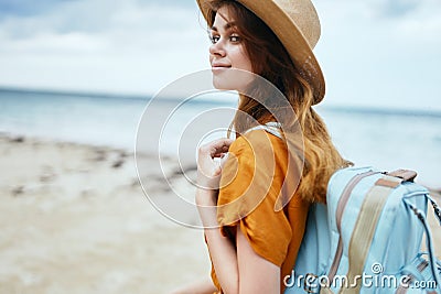 Woman hiker backpack in travel walk fresh air tourism Stock Photo