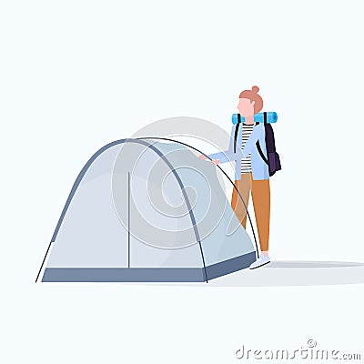 Woman hiker camper installing a tent preparing for camping hiking concept traveler on hike female cartoon character full Vector Illustration