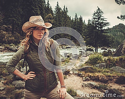 Woman hiker enjoying amazing landscapes near wild mountain river. Stock Photo