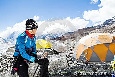 Woman hiker in Everest base camp Stock Photo
