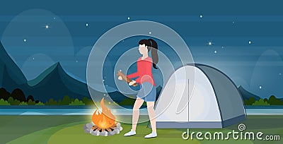 Woman hiker making fire girl holding firewood for bonfire hiking camping concept traveler on hike beautiful night Vector Illustration