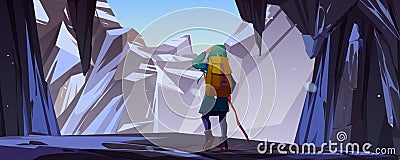 Woman hiker on mountain ledge with snow Vector Illustration