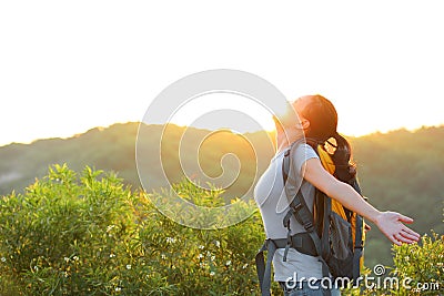 Woman hiker mountain top Stock Photo