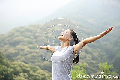 Woman hiker open arms Stock Photo