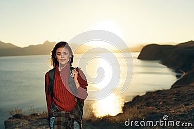 woman hiker rocky mountains freedom lifestyle nature Stock Photo