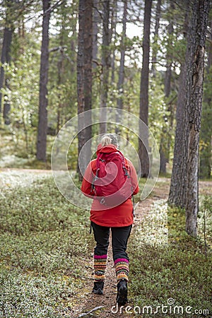 Woman hiking in Lapland Finland Stock Photo