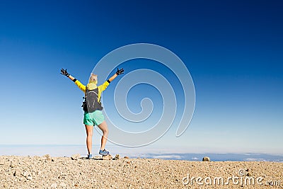 Woman hiking success silhouette in mountain top Stock Photo