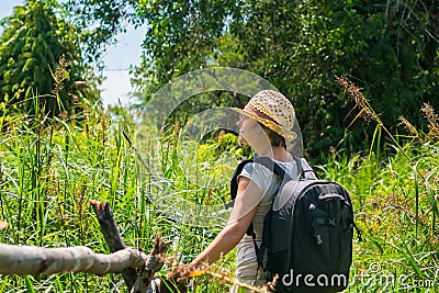 Woman hiking in tropical field Stock Photo