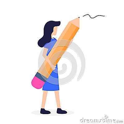 Woman Hold Big in Hand Pencil Writer Stationery Vector Illustration