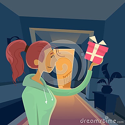 Woman Hold Gift Box Present, Cartoon Girl At Home Vector Illustration