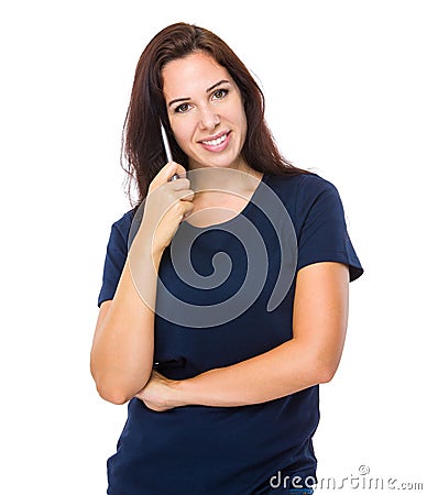 Woman hold with pen Stock Photo