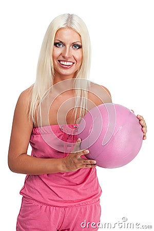 Woman hold pink basketball ball Stock Photo